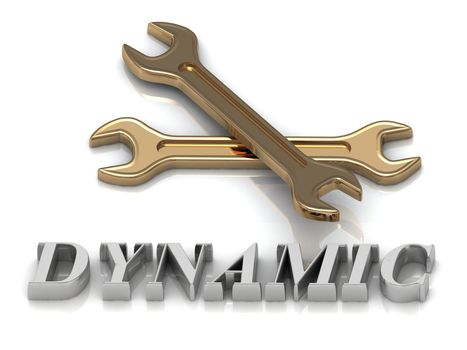 DYNAMIC- inscription of metal letters and 2 keys on white background