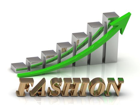 FASHION- inscription of gold letters and Graphic growth and gold arrows on white background