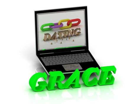 GRACE- Name and Family bright letters near Notebook and inscription Dating on a white background