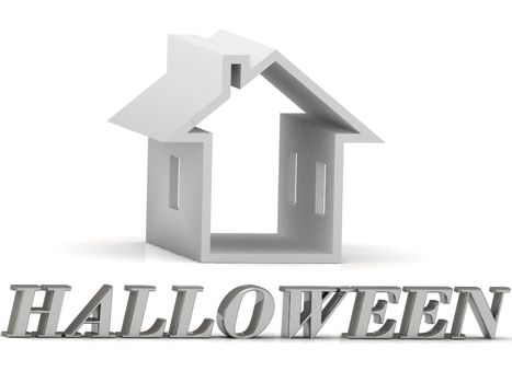 HALLOWEEN- inscription of silver letters and white house on white background