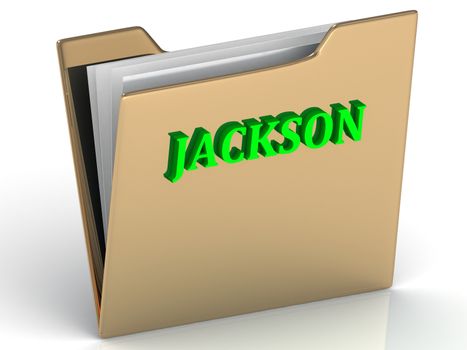 JACKSON- bright green letters on gold paperwork folder on a white background