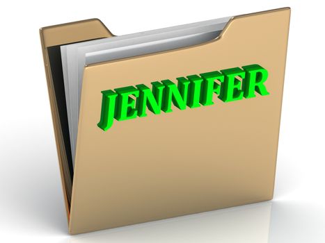 JENNIFER- bright green letters on gold paperwork folder on a white background