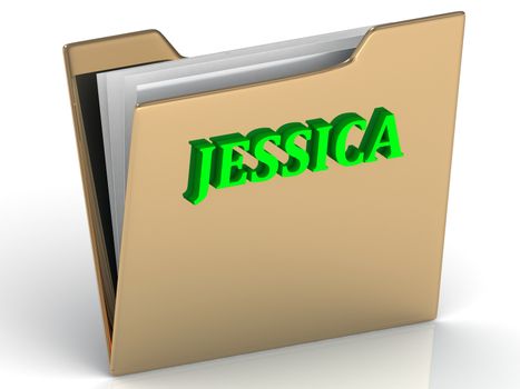 JESSICA- bright green letters on gold paperwork folder on a white background