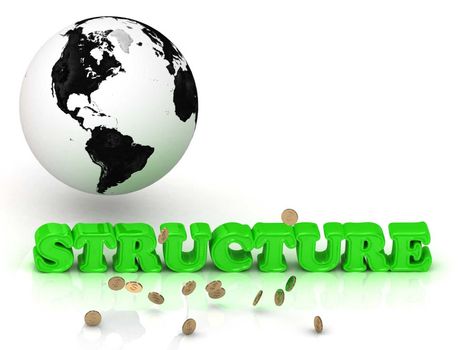 STRUCTURE- bright color letters, black and white Earth on a white background