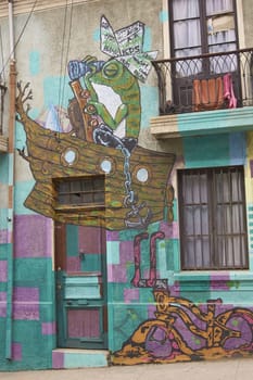 Colourful streets and building in the UNESCO World Heritage port city of Valparaiso in Chile.