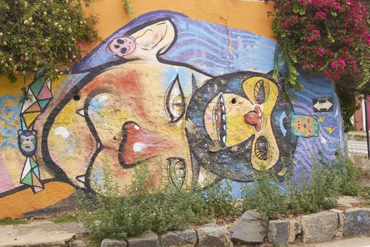 Colourful streets and building in the UNESCO World Heritage port city of Valparaiso in Chile.