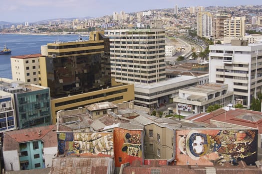 Colourful streets and building in the UNESCO World Heritage port city of Valparaiso in Chile.
