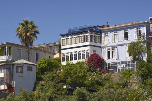 Historic buildings lining the hills of the UNESCO World Heritage port city of Valparaiso in Chile.