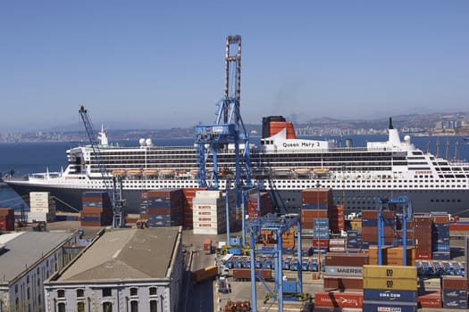 Large ocean liner berthed in the UNESCO World Heritage port city of Valparaiso in Chile.