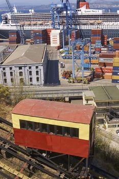 Historic funicular in the UNESCO World Heritage port city of Valparaiso in Chile.