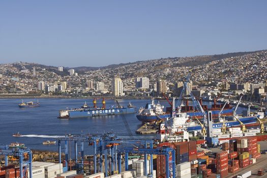Ships in the harbour of the UNESCO World Heritage port city of Valparaiso in Chile.