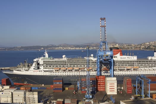 Large ocean liner berthed in the UNESCO World Heritage port city of Valparaiso in Chile.