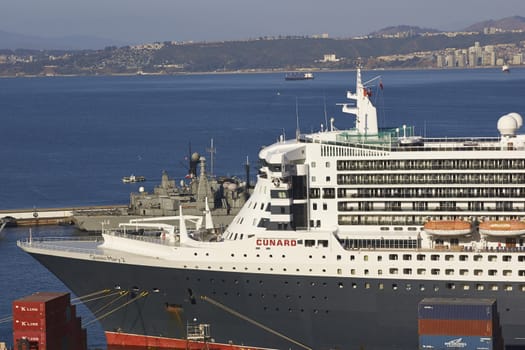 Large ocean liner berthed in the UNESCO World Heritage port city of Valparaiso in Chile.