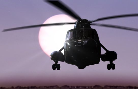Helicopter flying with sunlight background