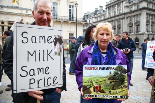 ENGLAND, London: Demonstrators hold up signs during a farmers rally in London, on March 23, 2016. The march intends to raise awareness, as many farmers across the region are facing an economic crisis. Participants gathered at Waterloo Place and marched to Downing Street. The event was organized by the Farmers For Action (FFA).