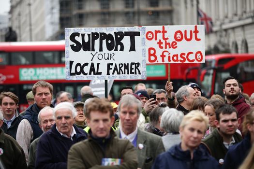 ENGLAND, London: Demonstrators hold up signs during a farmers rally in London, on March 23, 2016. The march intends to raise awareness, as many farmers across the region are facing an economic crisis. Participants gathered at Waterloo Place and marched to Downing Street. The event was organized by the Farmers For Action (FFA).
