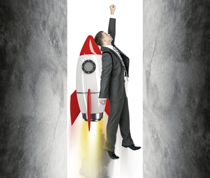 Businessman flying on rocket between two walls