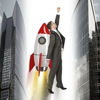 Businessman flying on rocket between two building