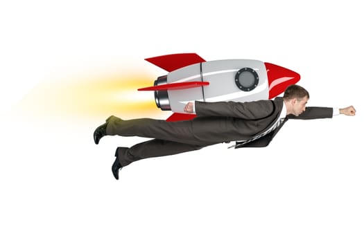 Businessman flying on rocket isolated on white background
