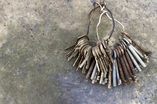 Set of old keys hanging on a ring of wire