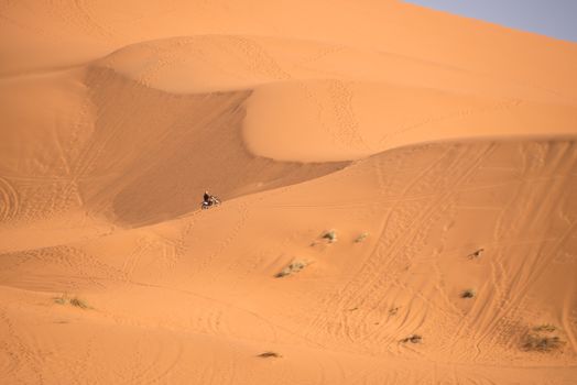 Motorbike rider on the top of the dune, Merzouga, Morocco