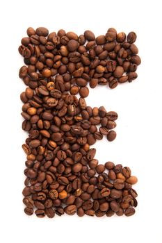 Alphabet letter E of roasted coffee beans isolated on white background