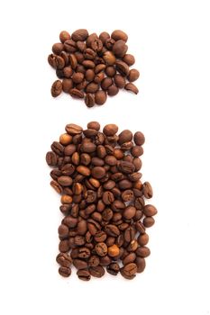 Alphabet letter I of roasted coffee beans isolated on white background