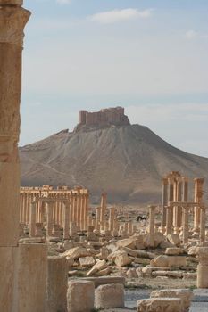 SYRIA, Palmyra : A picture shows ruins of the antique city of Palmyra located on an oasis in central Syria on April 13, 2010. Syria's antiquities chief hailed the imminent recapture of the ancient city of Palmyra from the IS group and vowed to rebuild the famed monuments the jihadists have destroyed, on March 24, 2016.