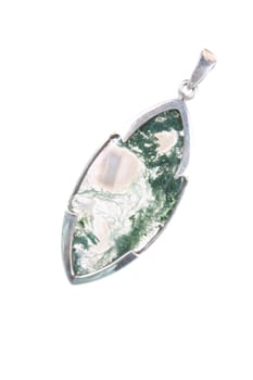 A silver pendant with a semi precious gemstone in a unique shape, on white studio background.