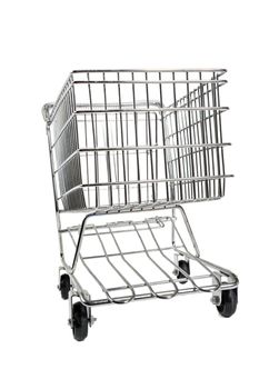 Grocery shopping cart shot on an angle and isolated on white. Lots of copy space