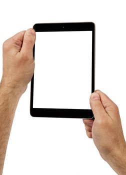 Hands holding tablet touch computer vertically with isolated screen.