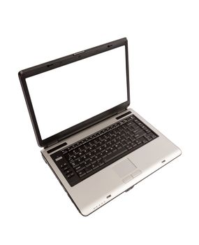 Nice overview shot of an open laptop computer with isolated blank screen.  Perfect for your copy.