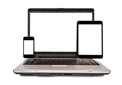 Selection of mobile phone, laptop computer and digital tablet isolated on white with isolated screens for your copy