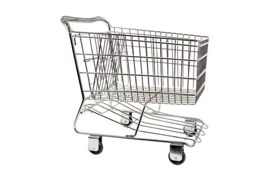 Side view of a metal shopping cart.  Isolated on white.