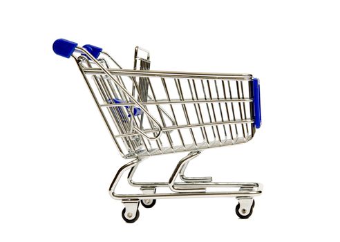 Side shot of a shopping cart with blue handle and blue front.  Isolated on white
