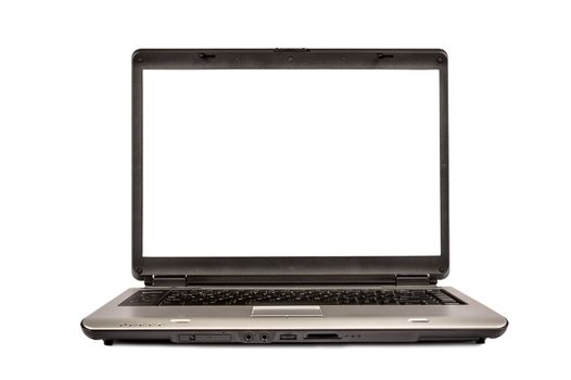 Laptop facing forward with blank isolated on white.