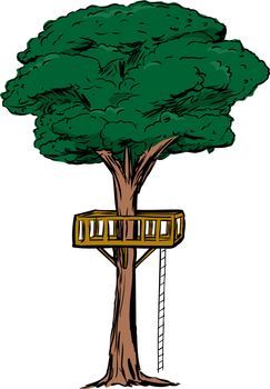 Tree with treehouse platform and rope ladder over isolated white background