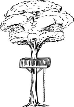 Outlined tree with treehouse platform and rope ladder over isolated white background
