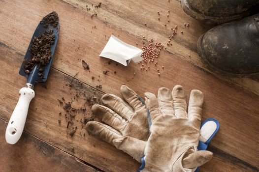 Overhead view of wooden floor strewn with gardening gloves and spilled seeds beside black boots and a trowel