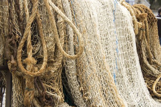 Closeup of a fishing net equipment boat France