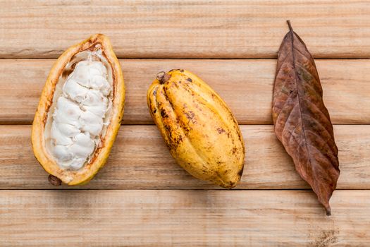 Ripe Indonesia's cocoa  setup on rustic wooden background.