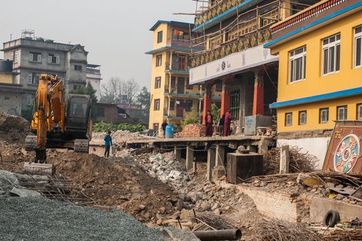 NEPAL, Kathmandu: This pictures shows damaged buildings in Kimdol neighborhood in Kathmandu, Nepal, on March 24, 2016, almost one year after the earthquake that hit Nepal, killing nearly 9,000 people and injuring hundreds others.