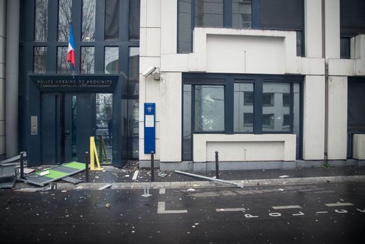 FRANCE, Paris: A police station of Paris 19th arrondissement is seen damaged, on March 25, 2016, after young people throw projectile against it, in a sign of protest against alledged police violence on a student during a demonstration of youths against the French labour law reform.A video of a policeman punching a student went viral on social media on March 24, and an enquiry has been opened into the incident. Tens of thousands of students protesting labour reforms took to the streets across France on March 24, torching cars in Paris and clashing with riot police who responded with tear gas and made more than 30 arrests.