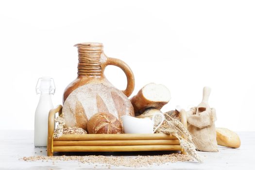 Breakfast items. Bakery Bread.Various Bread and Sheaf of Wheat Ears