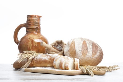 Breakfast items. Bakery Bread.Various Bread and Sheaf of Wheat Ears