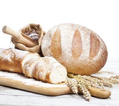 Breakfast items. Bakery Bread.Various Bread and Sheaf of Wheat Ears