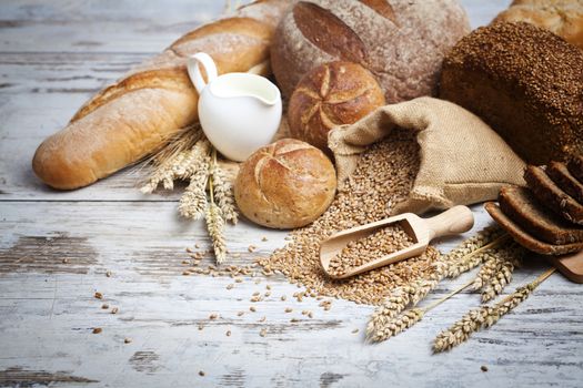 Breakfast items. Bakery Bread.Various Bread and Sheaf of Wheat Ears