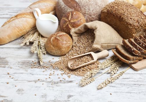 Breakfast items. Bakery Bread.Various Bread and Sheaf of Wheat Ears