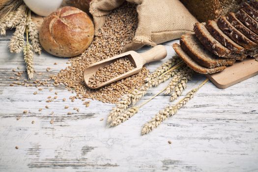 Breakfast items. Bakery Bread.Various Bread and Sheaf of Wheat Ears