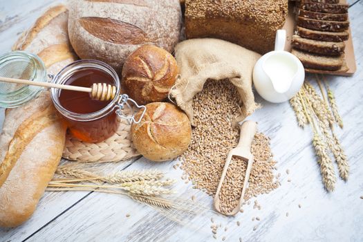 Breakfast items. Bakery Bread.Various Bread and Sheaf of Wheat Ears